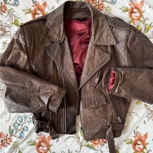 Vintage Brown Leather Jacket with Red Lining
